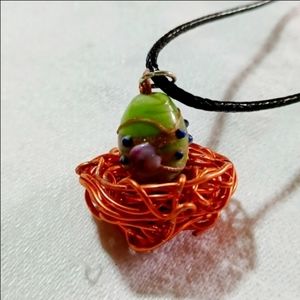 Handmade dragon bird egg nest pendant necklace lampwork bead copper wire green
